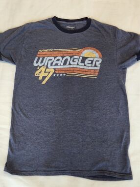 Retro Wrangler Navy Heather Graphic Tee with Orange and Yellow Logo